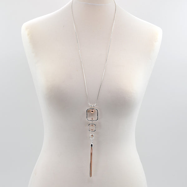 Triple square pendant with rose gold beads and tassel feature