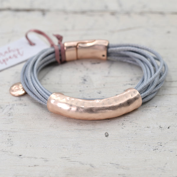 Multi strand grey suede bracelet with rose gold tube section