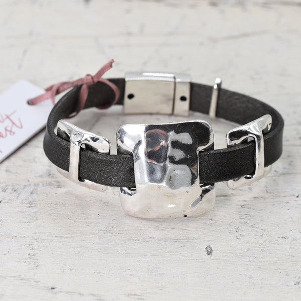 Rounded square pendant grey leather bracelet