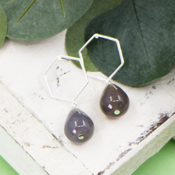 Hexagon shape earrings with grey agate drops