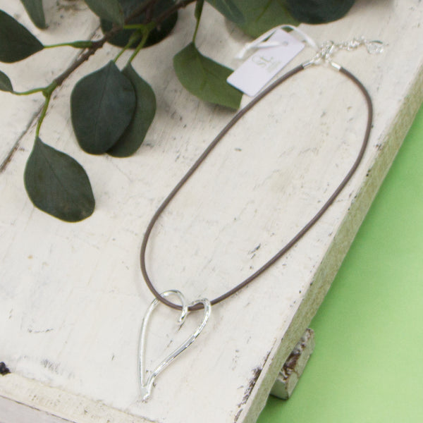 Open heart pendant wrap around short leather collar