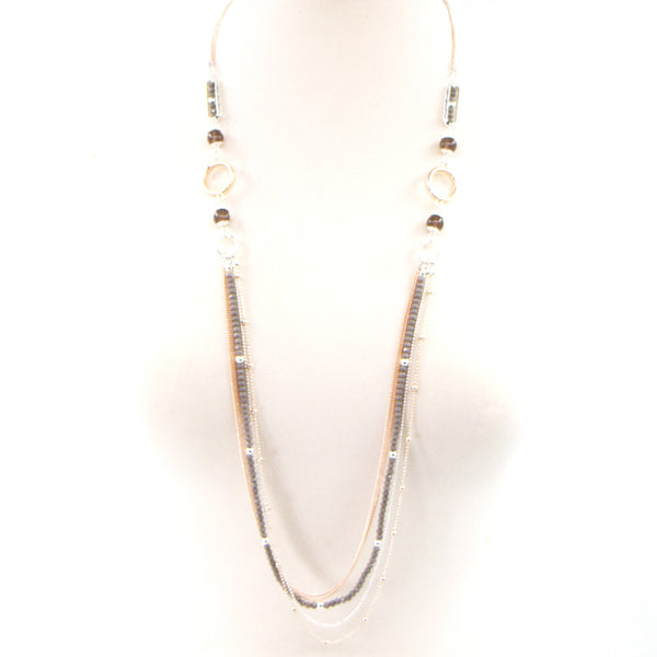 Long rope style necklace with grey glass and grey agate beads