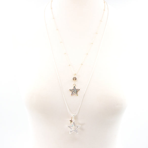 Double strand long necklace with star shape pendants