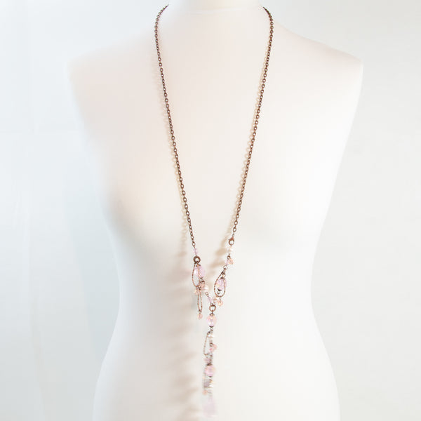 Long necklace with cutglass and faux pearls and dropper