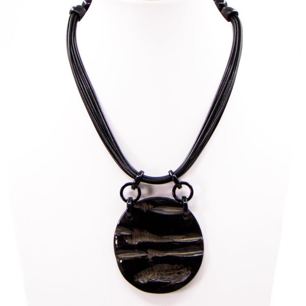 Simple high quality horn disc on multi strand wax cord statement necklace