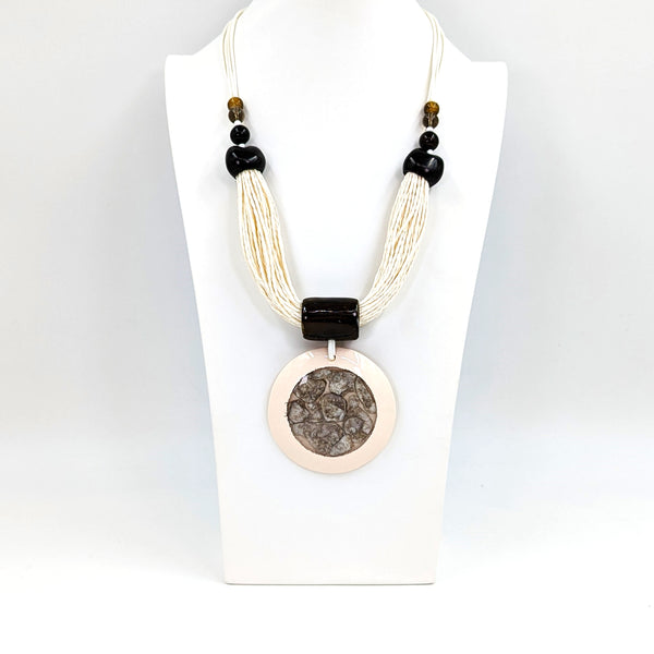 Luxury twine necklace with resin disc and shell inlay and cord