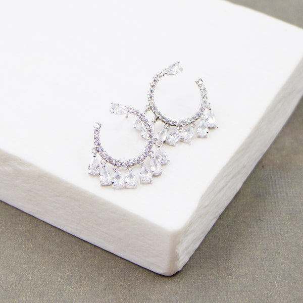 Little open encrusted cz crystal circle studs with dangling cz stones