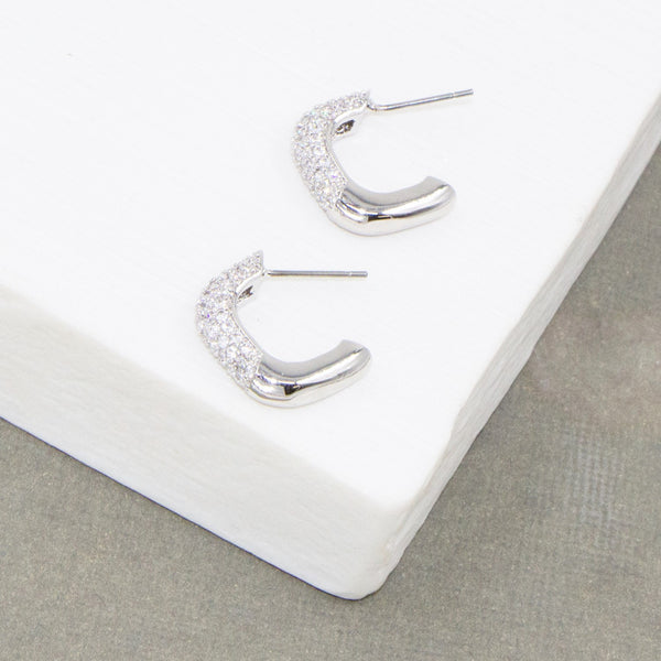 Cz encrusted bulbous hoop earrings with plain plated section