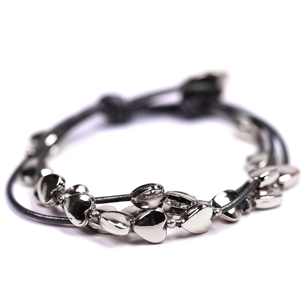 Triple strand leather bracelet with little hearts