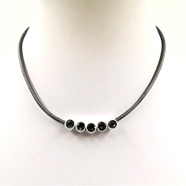 Short silver grey leather necklace with a row