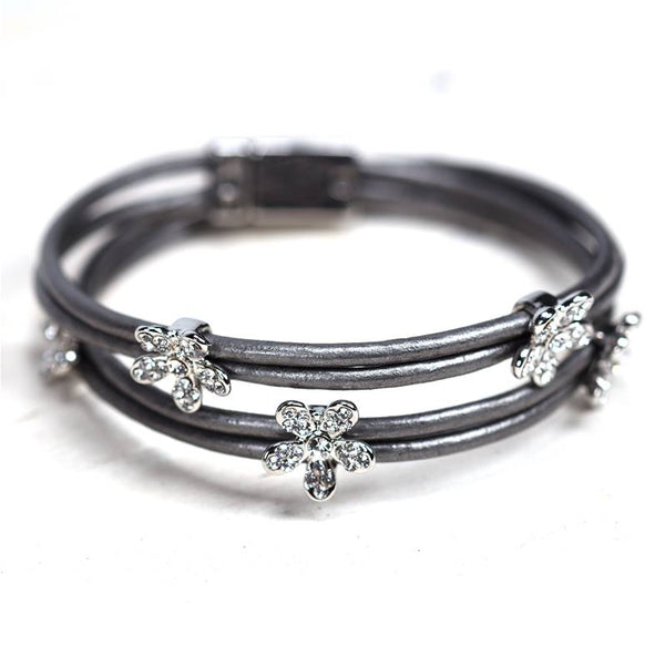 Mini crystal flower on leather bracelet