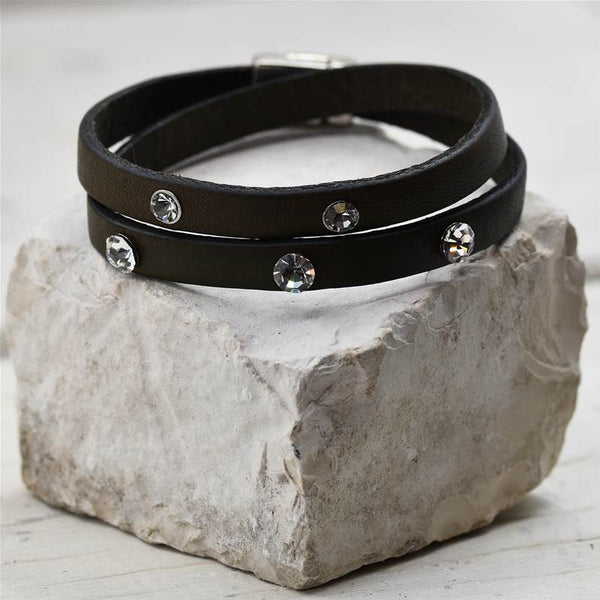 Double wrap around sage leather bracelet with crystals