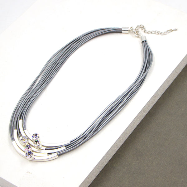 Short multi strand grey leather necklace with stones