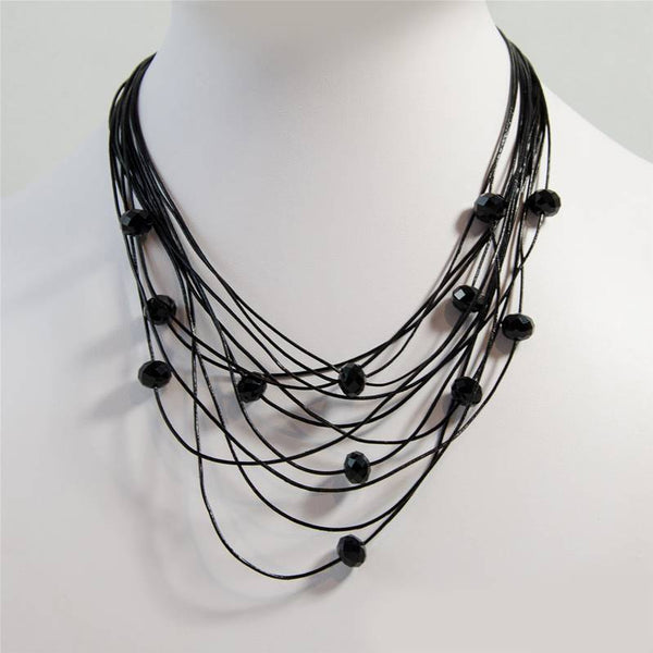 Multistrand leather necklace interspaced with cut glass