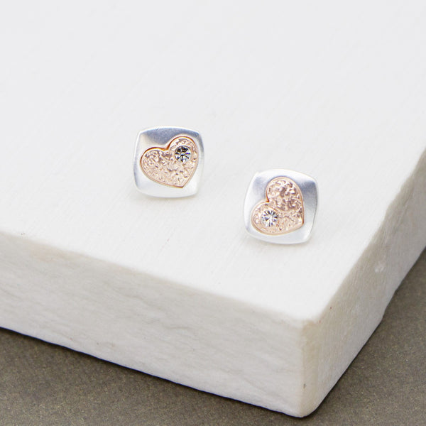 Two tone relief heart on square base earrings