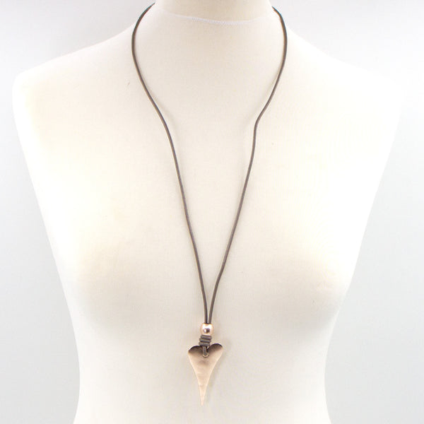 Elongated heart on long leather necklace