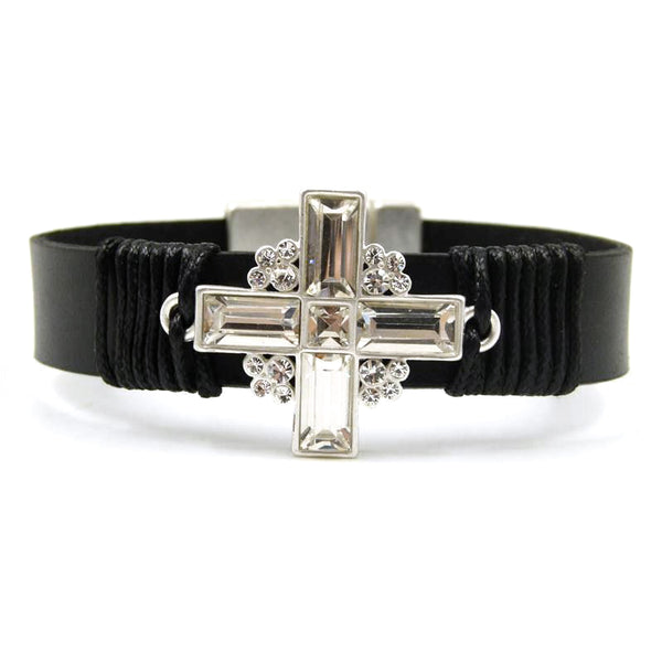 Crystal cross design on chunky leather bracelet with clasp