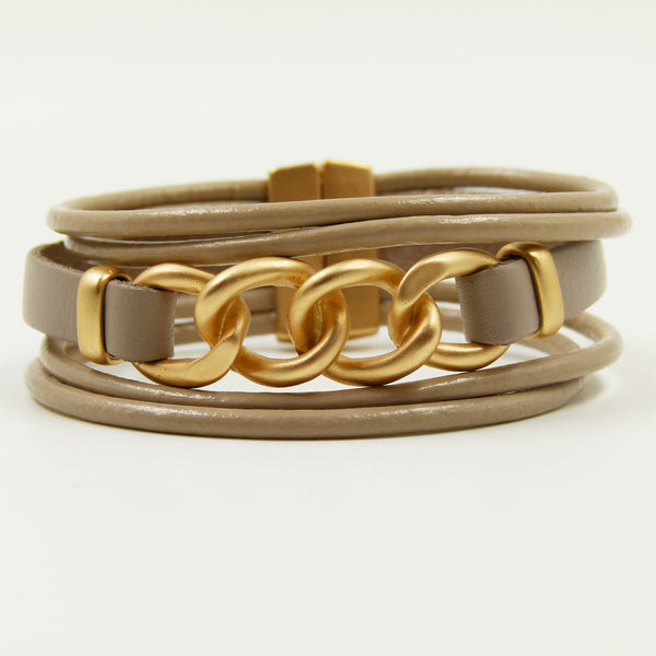 Chunky curb chain feature on multi leather strand bracelet