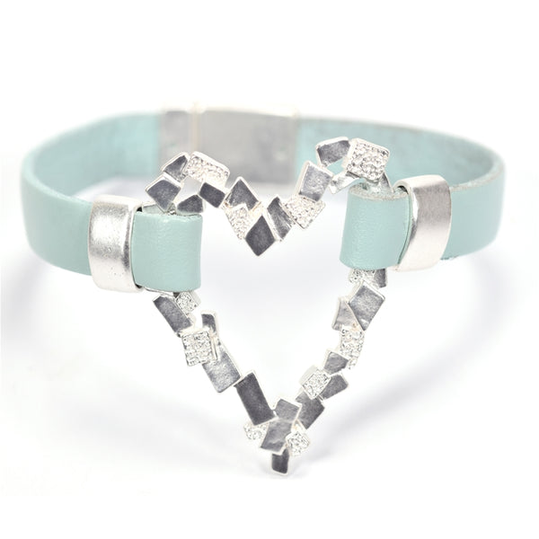 Square pattern open heart on leather bracelet