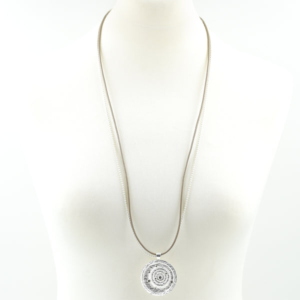 Organic swirl pendant w/crystal on leather & chain necklace