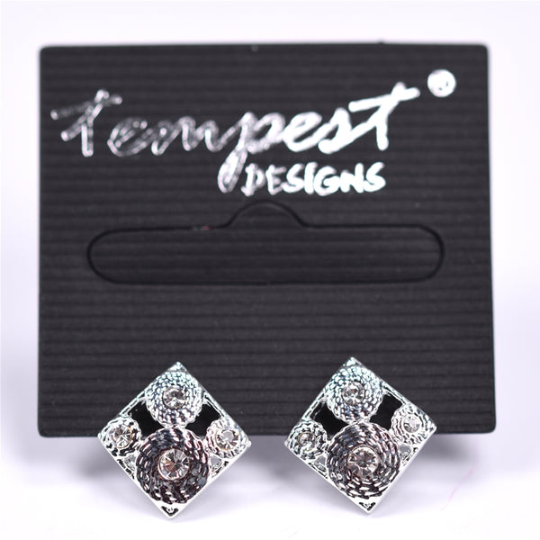 Square stud rhodium earrings with inner crystal detail