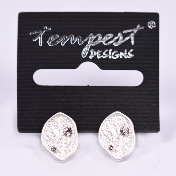 Leaf design matt silver stud earrings with crystal accents