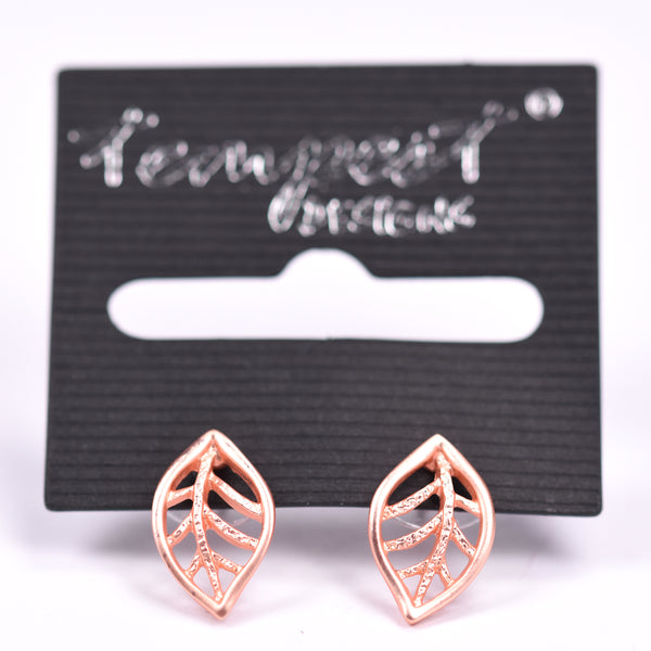 Delicate cutout leaf stud earrings in matt rose gold