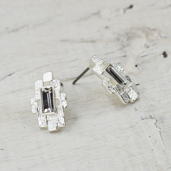 Geometric stud earrings in matt silver with centre crystal