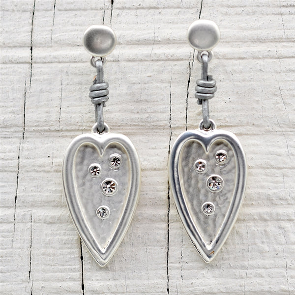 Oversized heart drop earrings with leather & crystal detail