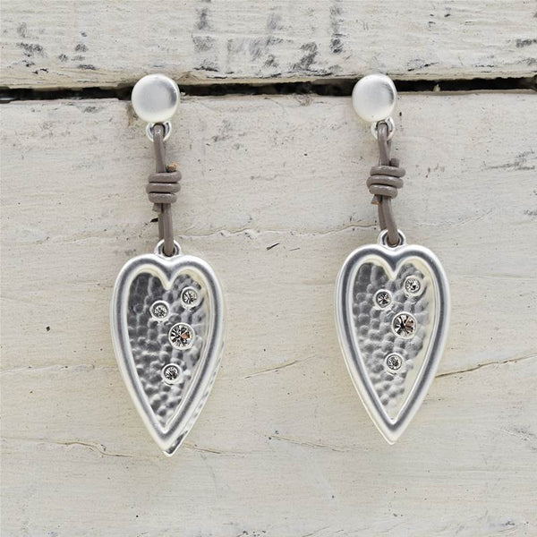 Heart drop earrings with leather & crystal detail