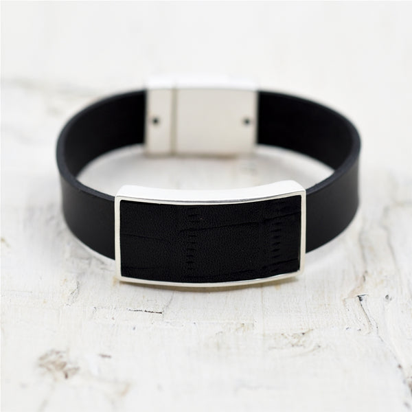 Patterned leather rectangle on leather bracelet