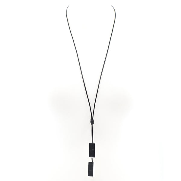 Patterned leather rectangle drops on long leather necklace