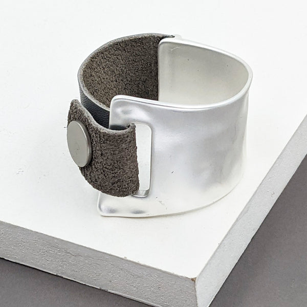 Grey Leather Popper Close Feature Bracelet