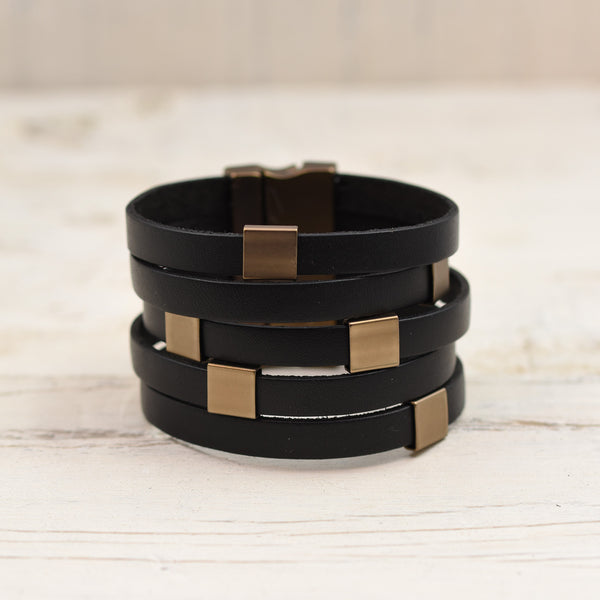 Black Leather 5 Strand Bracelet with metal square detail and magnetic clasp