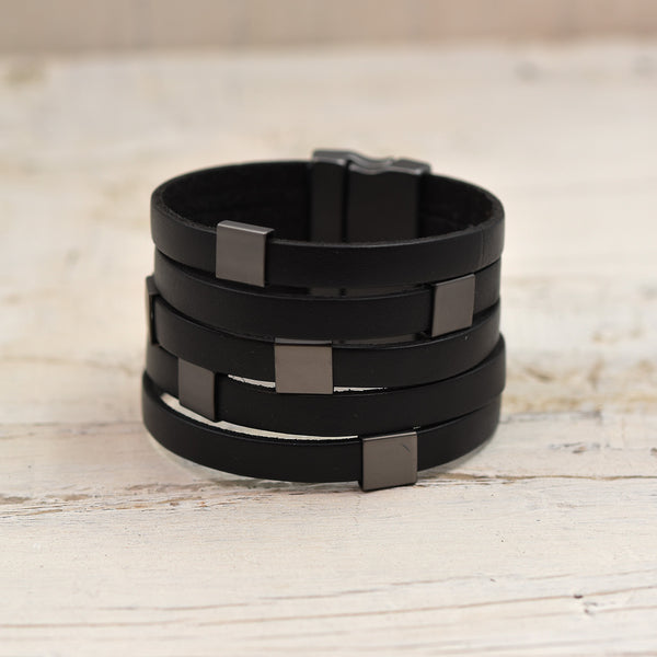 Black Leather 5 Strand Bracelet with metal square detail