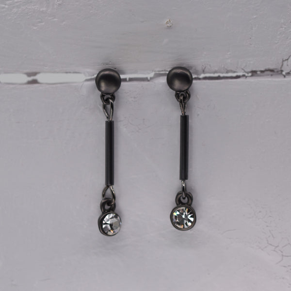 Matt Gun Metal Post Bar Drop Earrings with crystal Detail