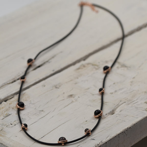 Matt Rose Gold Black/Grey Leather Circle Necklace 100+7cm