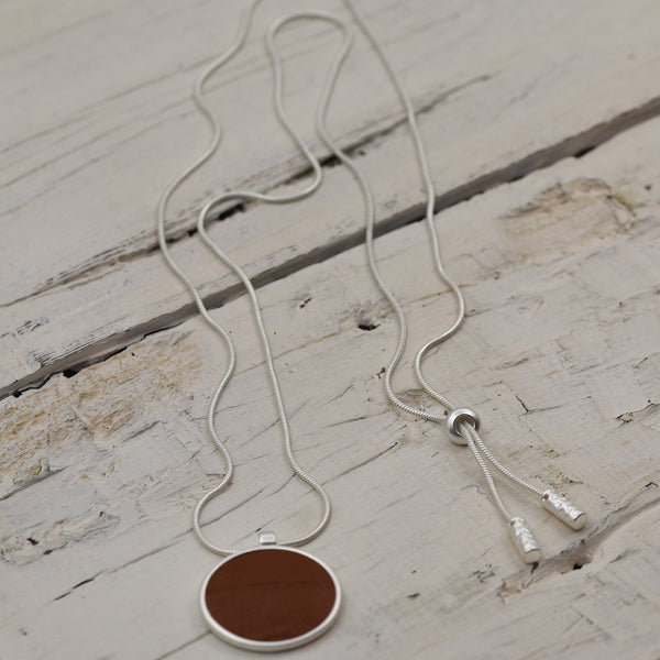 Matt Silver Necklace with Camel Round Pendant 100cm