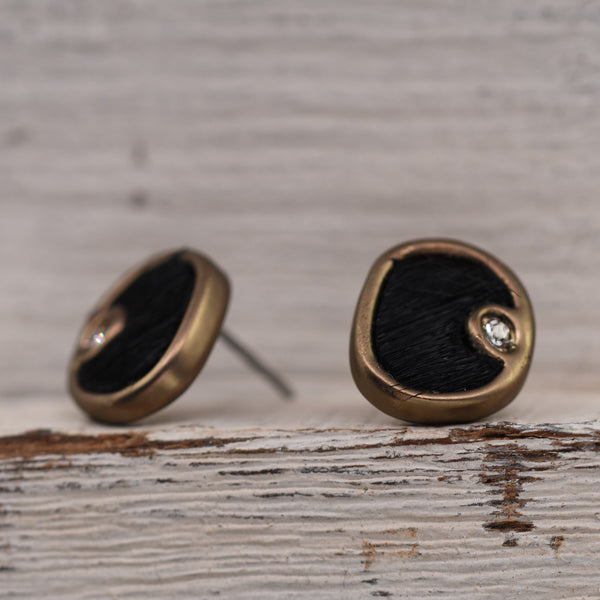 Matt Coffee Gold and Black Horse Fur Round Post Earrings