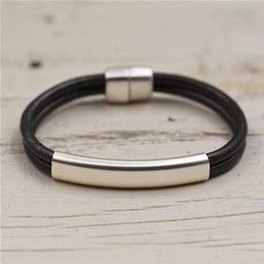 Matt Silver and Black Leather Bracelet