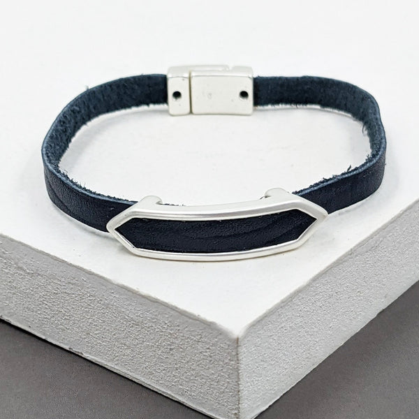 Matt Silver and Blue Leather Delicate Bracelet 19cm