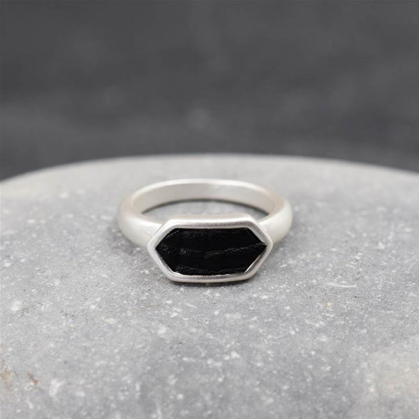 Contemporary hexagonal shape leather inlay ring