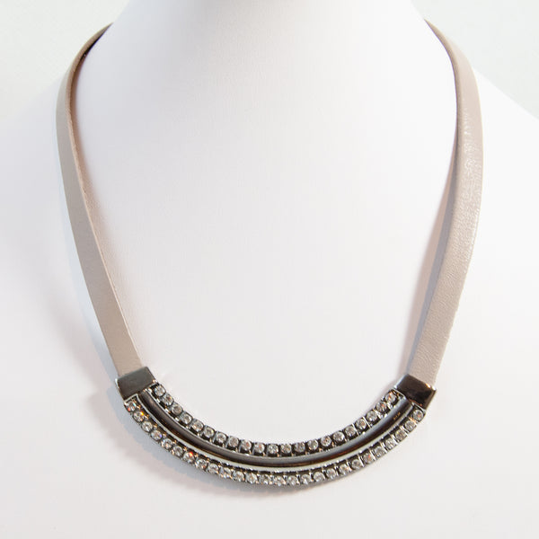 Short leather necklace w/ crystal deco statement necklace