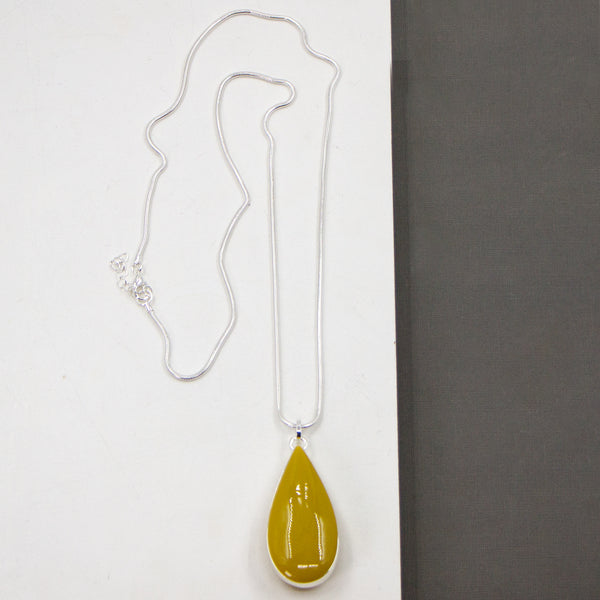 Teardrop resin pendant on long snake chain