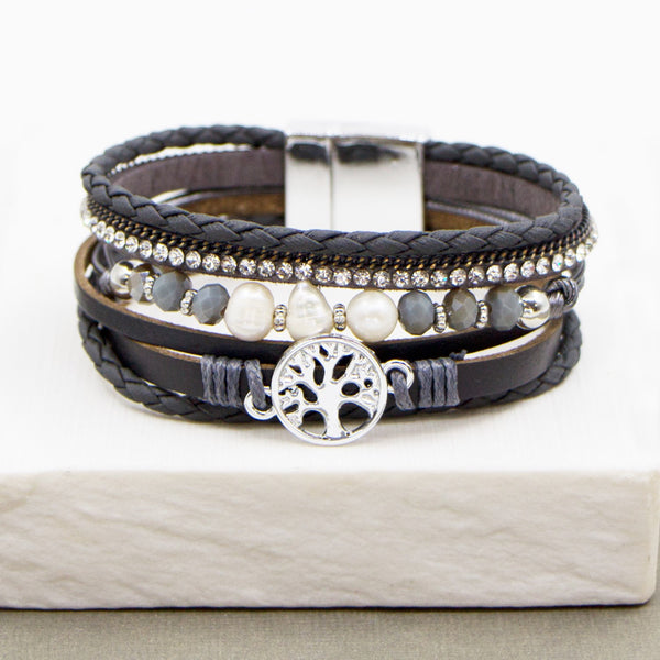 Multistrand PU bracelet with tree of life motif and real pearls