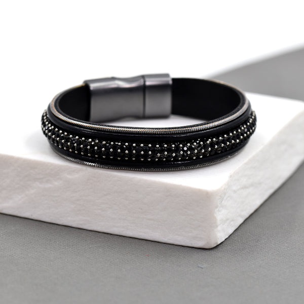 Crystal and leather cuff bracelet