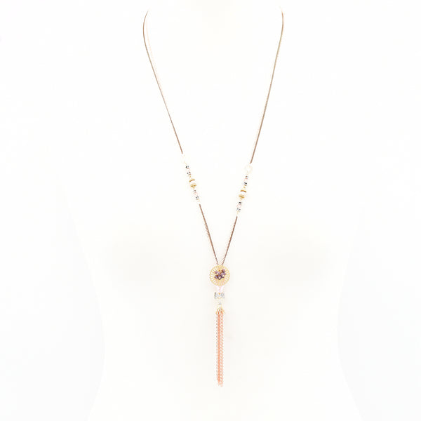 Long twin chain necklace with chain tassel and beads