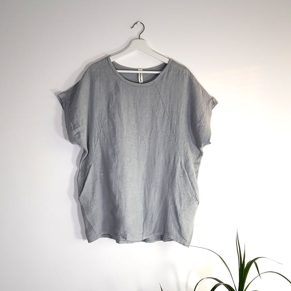 linen front jersey back top with crystal studded pockets