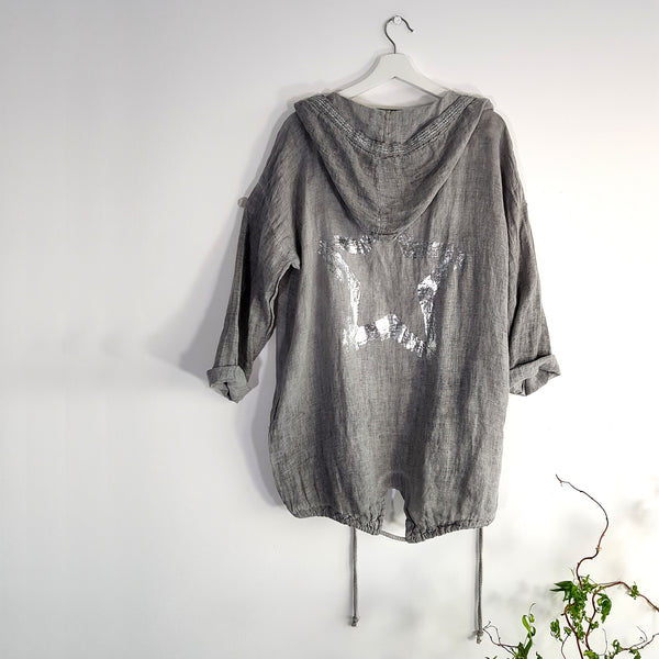 Star motif vintage wash linen jacket with drawstring, hood and silver details