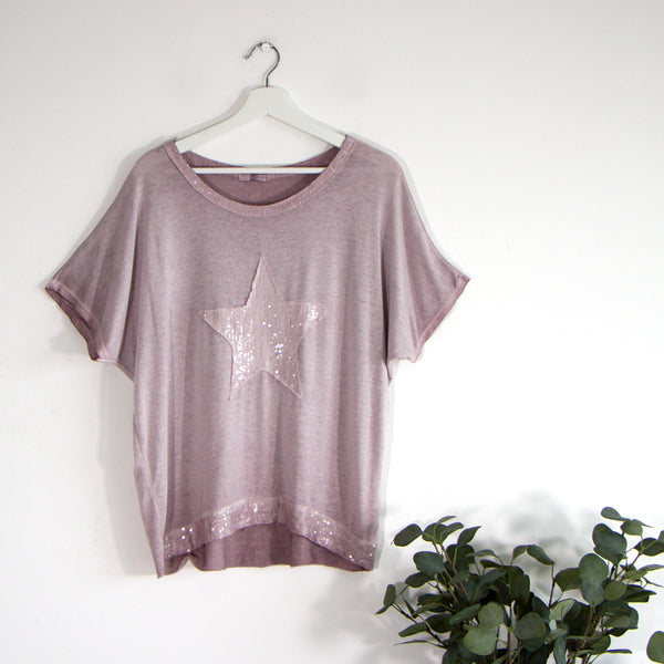 Fine knit sequin star top with silver trim